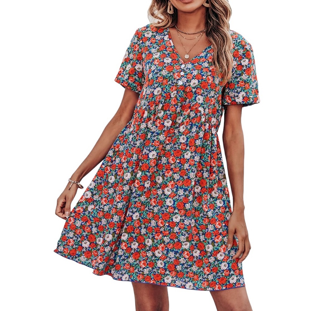 Floral V-Neck Short Sleeve Swing Dress - Red Floral